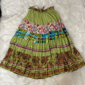 Beautiful Green Floral Boho Natural Summer Broomstick Maxi Skirt M